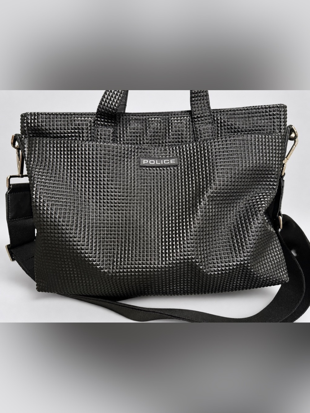 Italian Designer Tote POLICE Black Pyramid Large Structured Luxury Bag Purse - Picture 3 of 10